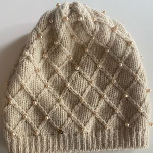Tory Burch cream beanie with Pearl beads